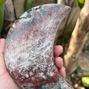 Pink Amethyst Quartz Crystal with red and green Jasper Moon